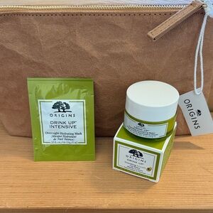 NWT Origins Drink Up Full-size Avocado Lip Butter, sample mask, reusable zip bag